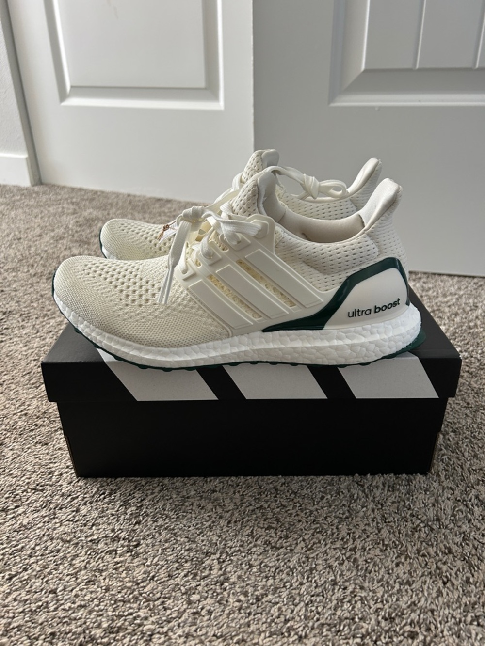 adidas Cream White Ultra Boost with Dark Green Accents